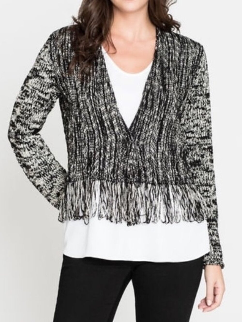 Nic+ Zoe black white sweater fringe hem grommet closure jacket cardigan